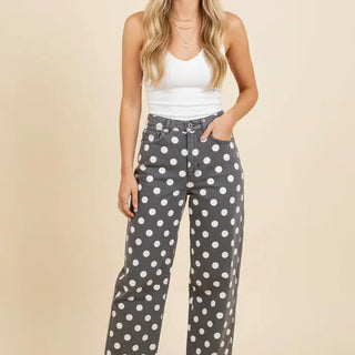 Polka Dot High Rise Straight Leg Pants Charcoal/Wht