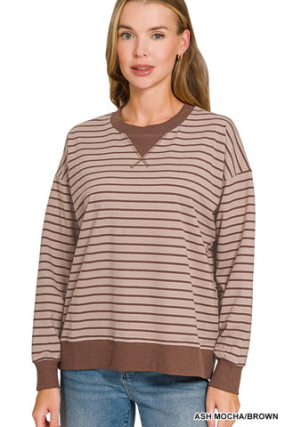 Striped Rib Banded Long Slv Top Ash Mocha/Brown
