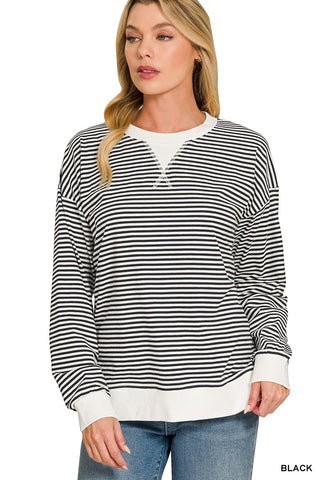 Zenana striped rib banded long sleeve top in black