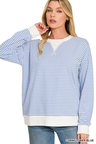 Zenana striped rib banded long sleeve top in cornflower blue