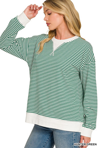 Zenana striped rib banded long sleeve top in hunter green