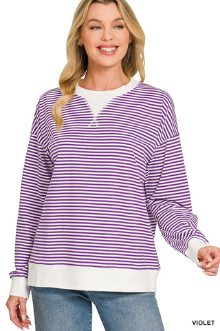 Zenana striped rib banded long sleeve top in violet