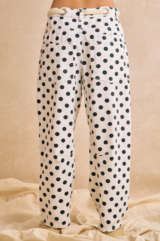 BiBi Polka Dot Print Denim Pants with Waist Belt Ivory/Black