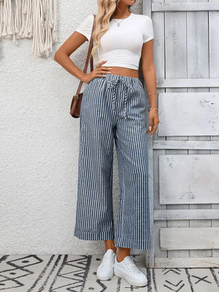 Striped High Waist Cropped Straight Leg Pants Navy