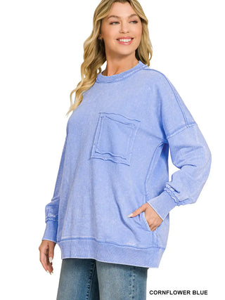 Zenana French Terry Acid Wash Raw Edge Front Pocket Pullover Cornflower Blue