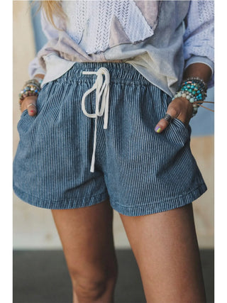 Striped Drawstring Elastic Waist Denim Shorts Blue