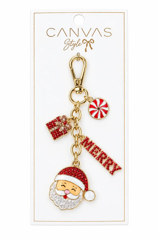 Canvas Style Very Merry Santa cluster bag charm with festive Santa holiday charms