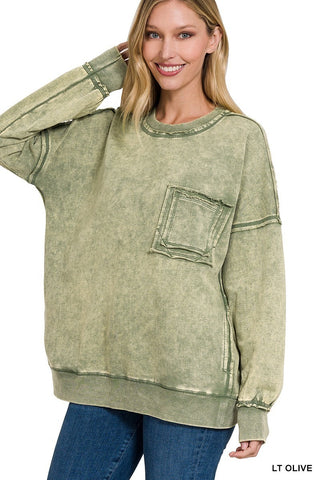French Terry Acid Wash Raw Edge Front Pocket Pullover Light Olive