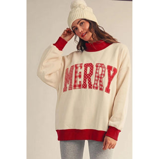 IVE red sweatshirt with mixed plaid and polka dot Merry applique