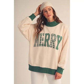 IVE green sweatshirt with mixed plaid and polka dot Merry applique