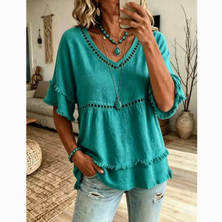 Boho Ruffle Sleeve V Neck Eyelet Trim Top Teal