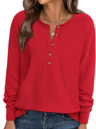 Henley Long Sleeve Waffle Knit Top Red