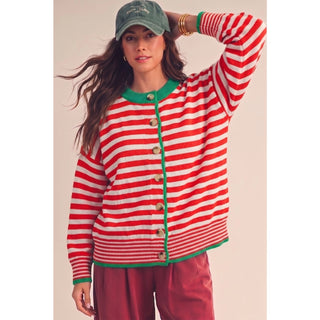 IVE Multi Stripe Round Neck Cardigan Cherry Red