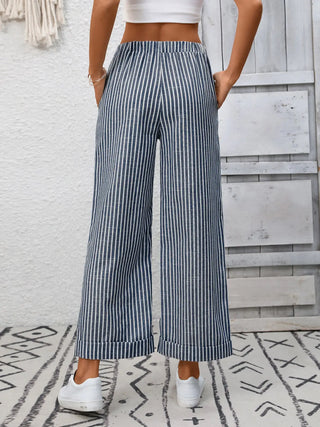 Striped High Waist Cropped Straight Leg Pants Navy