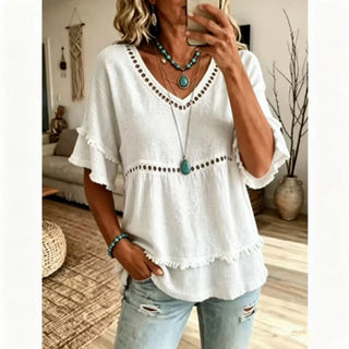 Boho Ruffle Sleeve V Neck Eyelet Trim Top White