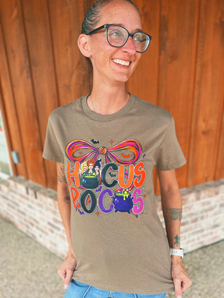 Hocus Pocus Halloween tee with cauldrons and bow, alternate view
