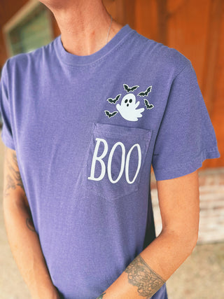 Grape purple BOO pocket tee with white BOO lettering, alternate view