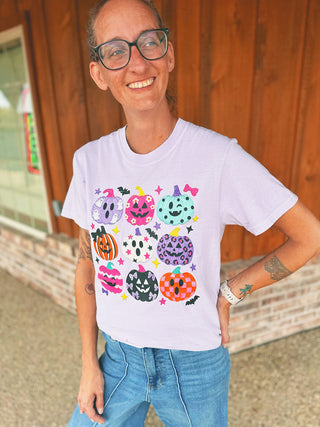 Multi Pumpkin Collage tee with floral, polka dot and striped pumpkins, alternate view