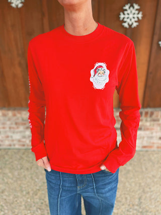 Simply Southern red Believe Santa peppermint long sleeve tee, modeled by an A Gathering Place team member, view 2
