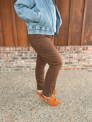 Judy Blue mahogany high-waist weekender jeans on an A Gathering Place team member