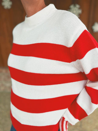 Zenana ruby striped cuff sweater, side view