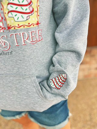 Simply Southern Tree Cake hoodie in heather gray, modeled by an A Gathering Place team member, view 4