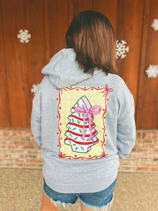 Simply Southern Tree Cake hoodie in heather gray, modeled by an A Gathering Place team member, view 3