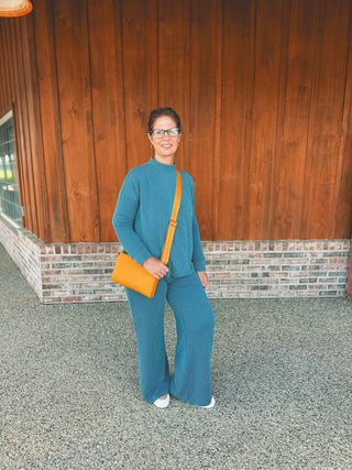 Zenana Raised Rib Mock Neck Long Sleeve Tee and Pants Set Teal