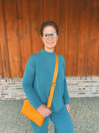 Zenana Raised Rib Mock Neck Long Sleeve Tee and Pants Set Teal