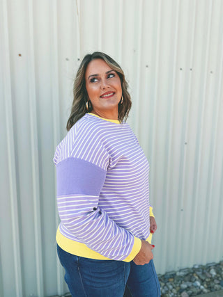 Purple striped round neck sweatshirt, alternate view