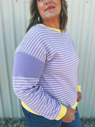 Purple striped round neck sweatshirt