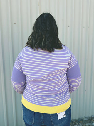 Purple striped round neck sweatshirt, alternate view