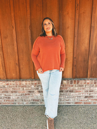 Zenana Raised Rib Raw Edge Boat Neck Long Sleeve Top Burnt Orange
