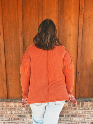 Zenana Raised Rib Raw Edge Boat Neck Long Sleeve Top Burnt Orange