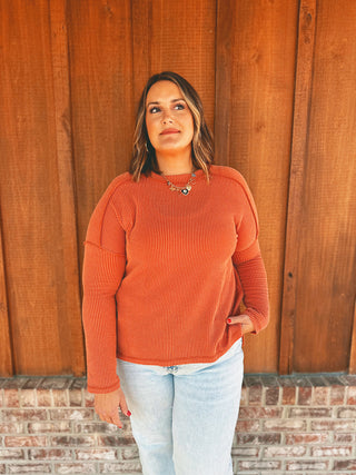Zenana Raised Rib Raw Edge Boat Neck Long Sleeve Top Burnt Orange