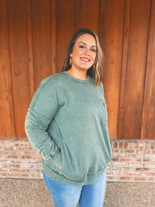Zenana French terry acid wash raw edge pullover in ash jade
