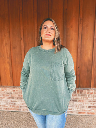 Zenana French terry acid wash raw edge pullover in ash jade, alternate view