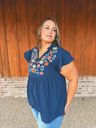 Floral embroidered babydoll blouse with ruffled sleeves, alternate view