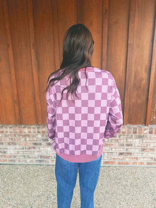 Violet checkered long sleeve top with ribbed cuffs, alternate view