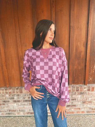 Violet checkered long sleeve top with ribbed cuffs, alternate view