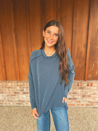 Zenana Raised Rib Raw Edge Boat Neck Long Sleeve Top Navy