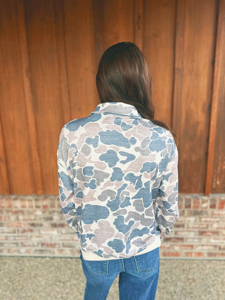 Camouflage print pullover with quarter snap button collar, alternate view