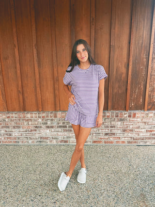 Purple and lavender striped knit top and shorts set, alternate view