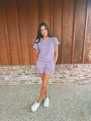 Purple and lavender striped knit top and shorts set