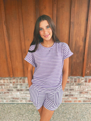 Purple and lavender striped knit top and shorts set, alternate view