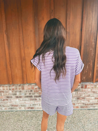 Purple and lavender striped knit top and shorts set, alternate view