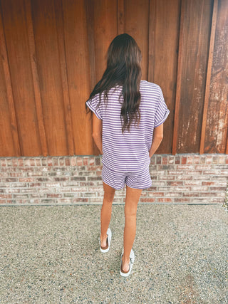 Purple and lavender striped knit top and shorts set, alternate view