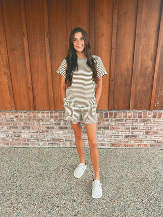 Brown and cream striped knit top and shorts set, alternate view