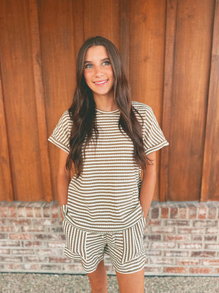 Brown and cream striped knit top and shorts set