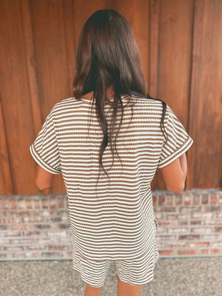 Brown and cream striped knit top and shorts set, alternate view